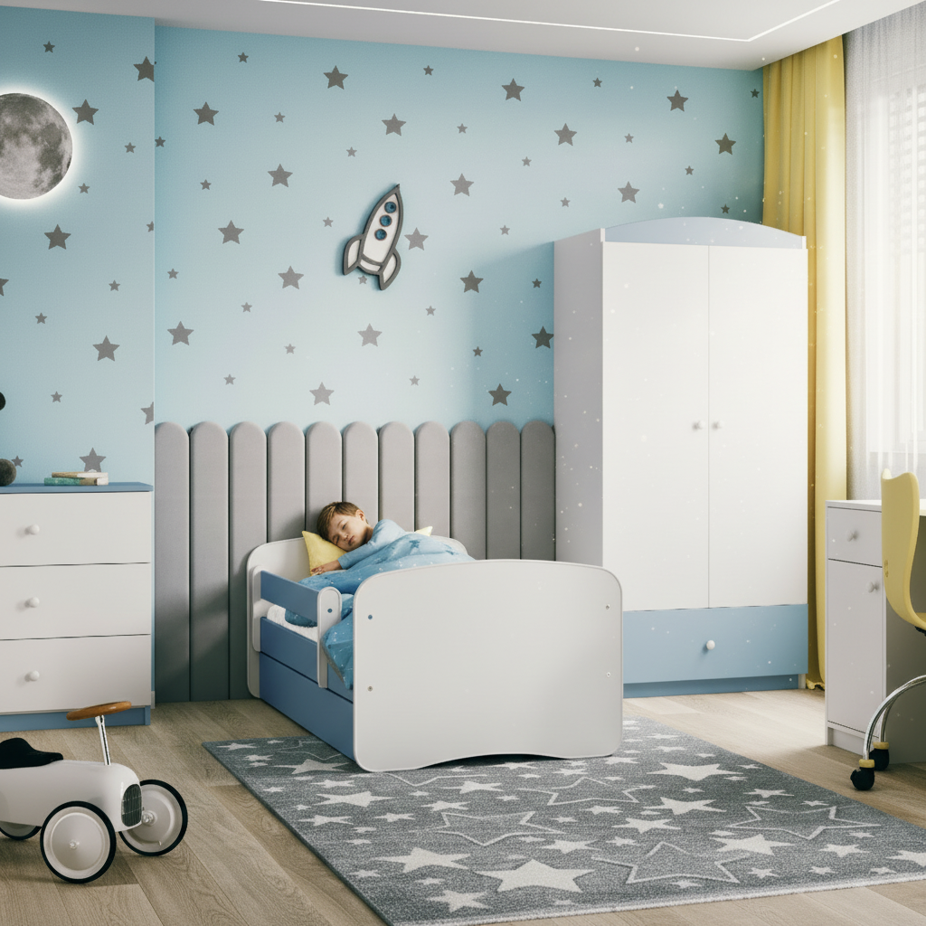 Cameretta Completa Bambini BabyDreams Dreams in Legno 7 Pezzi con Materasso Omaggio | Letto 160x80 o 180x80cm | Bianco Celeste Rosa | Top2Trade | KO500