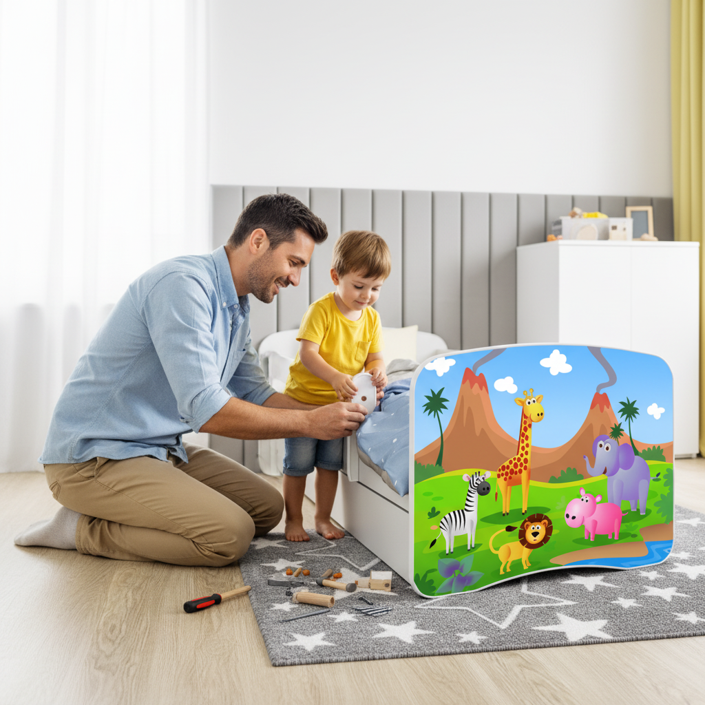 Letto per bambini babydreams white safari con cassettone e materasso omaggio 160/80