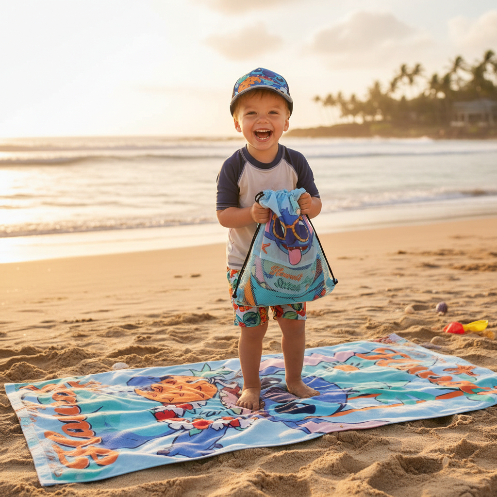 Stitch disney set telo mare,sacchetta deluxe e cappellino taglia unica