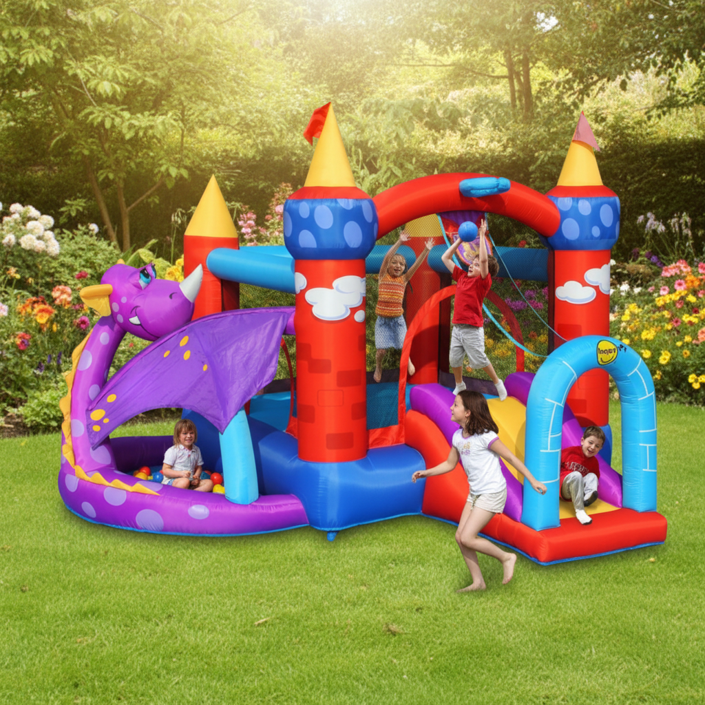 Gonfiabile Draghetto Fun 5 in 1 Scivolo Tunnel Vasca Palline Salterello Canestro 350x350x245cm | Top2Trade | 9022