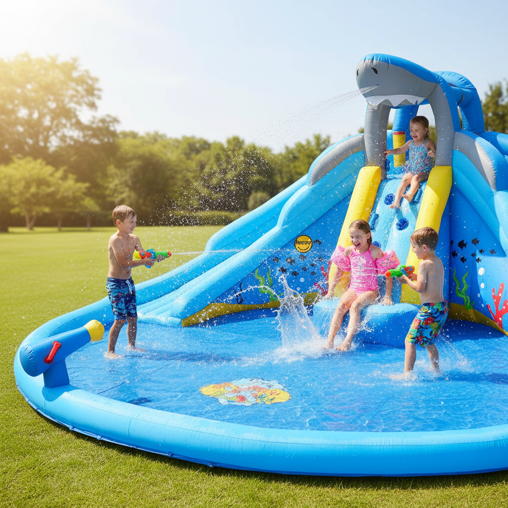 Gonfiabile Shark Splash Center 2 Scivoli Piscina 2 Cannoni Acqua 460x460x240cm | Top2Trade | 9421