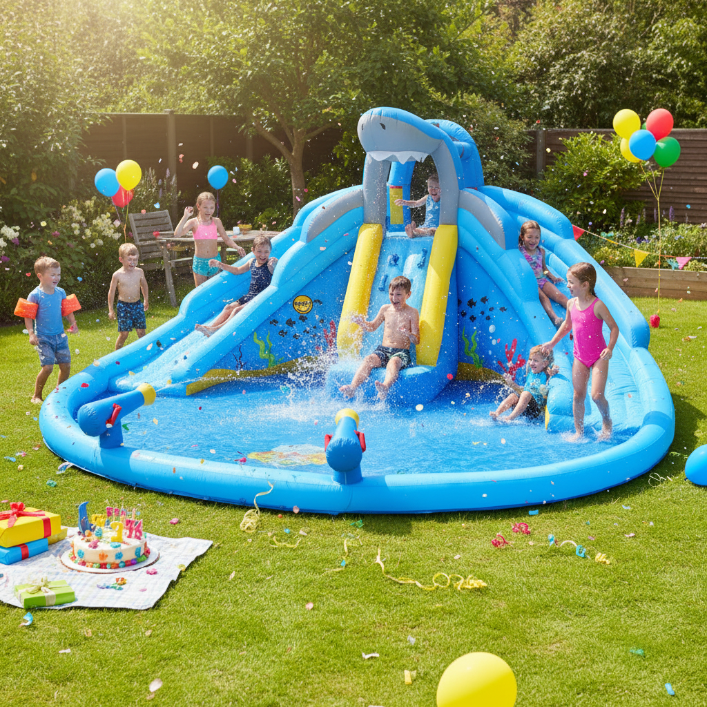 Gonfiabile Shark Splash Center 2 Scivoli Piscina 2 Cannoni Acqua 460x460x240cm | Top2Trade | 9421