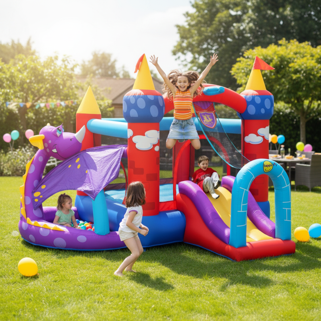 Gonfiabile Draghetto Fun 5 in 1 Scivolo Tunnel Vasca Palline Salterello Canestro 350x350x245cm | Top2Trade | 9022