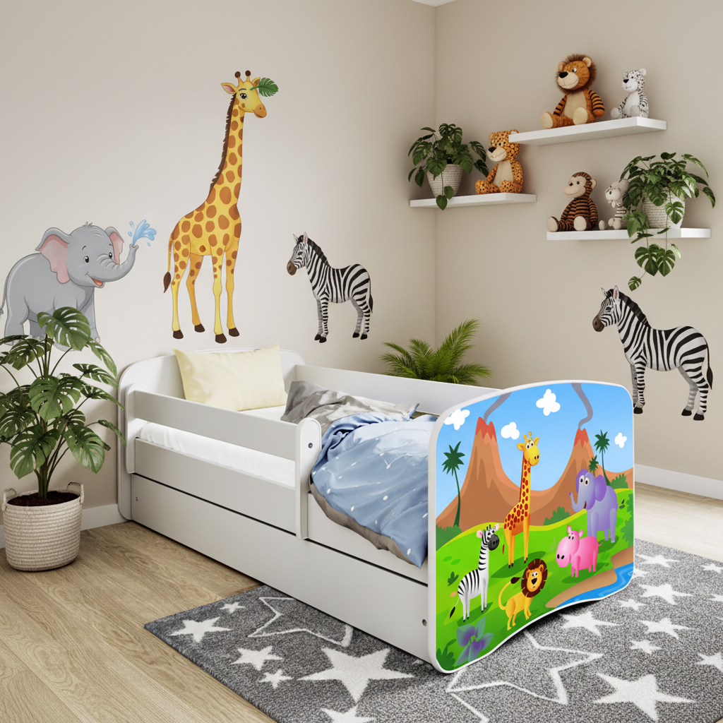 Letto per bambini babydreams white safari con cassettone e materasso omaggio 160/80