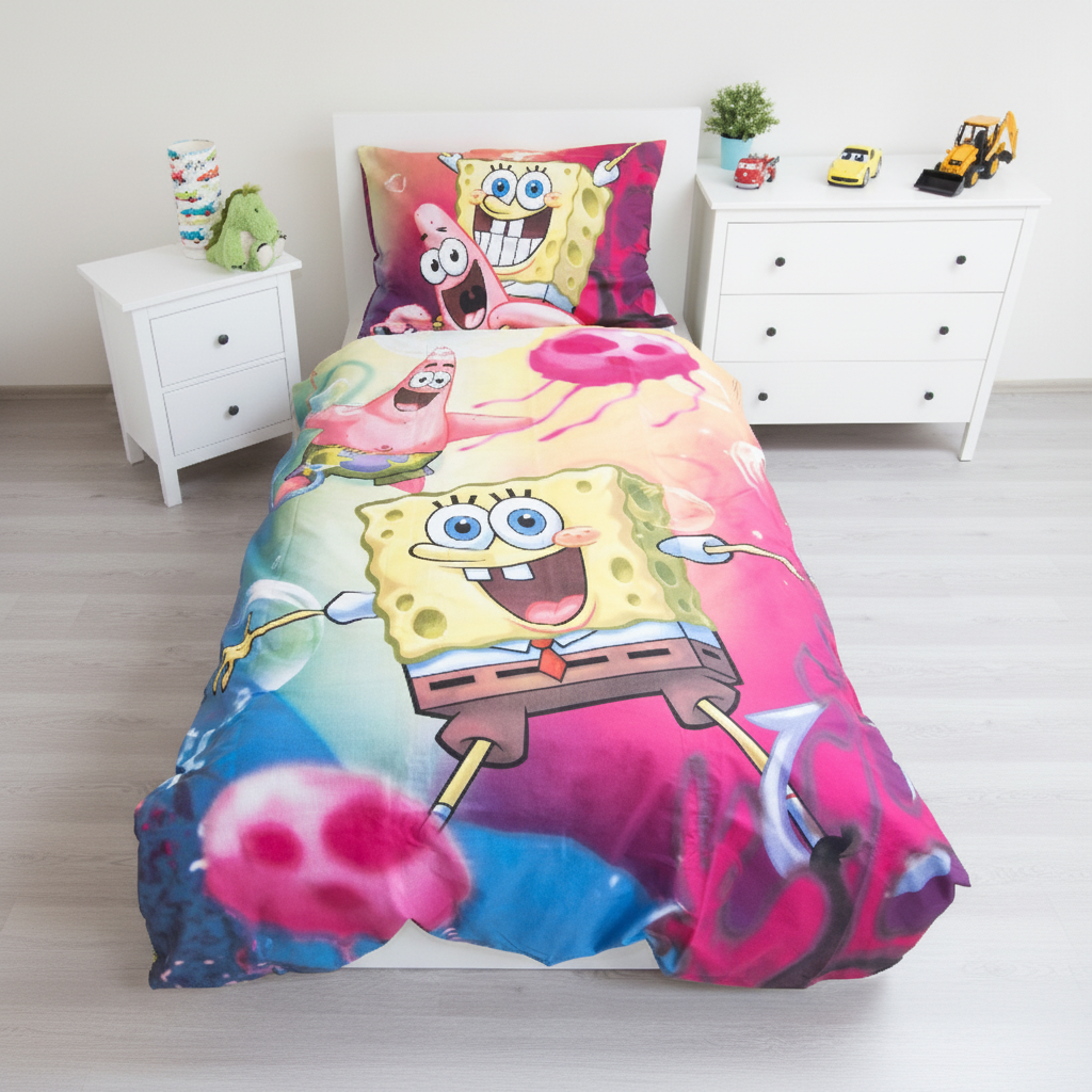Set Letto Singolo Spongebob | Copripiumino 140x200cm + Federa 65x65cm | 100% Cotone | Disney | SPONGE0920