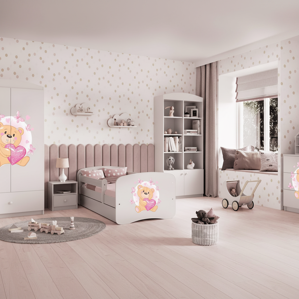 Cameretta Completa Bambini BabyDreams Teddy Heart in Legno 7 Pezzi con Materasso Omaggio | Letto 160x80 o 180x80cm | Top2Trade | KO500CAMTEDDYHEART