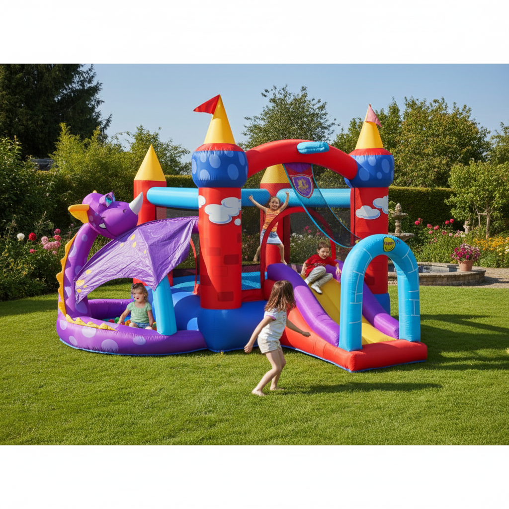 Gonfiabile Draghetto Fun 5 in 1 Scivolo Tunnel Vasca Palline Salterello Canestro 350x350x245cm | Top2Trade | 9022