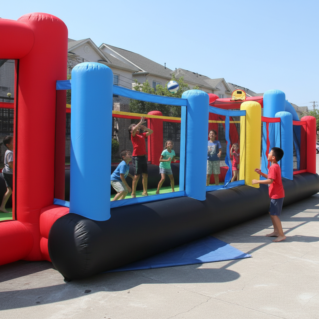 9072 Campo di Calcio Gonfiabile, 800 x 330 x 180 cm
Un vero campetto da calcio, pallavolo e basket con reti di protezione, porte, una rete volley, canestri e due entrate laterali. Ottimo per due squadre da 5 bambini (10 in totale
