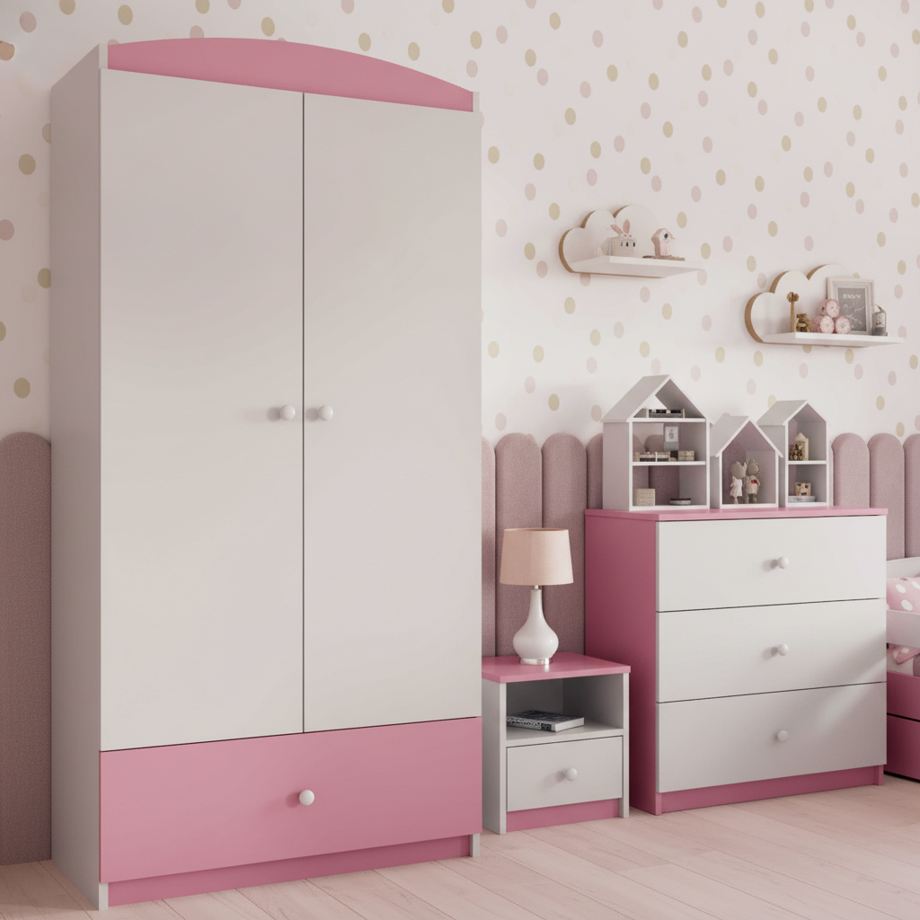 Cameretta Completa Bambini BabyDreams Dreams in Legno 7 Pezzi con Materasso Omaggio | Letto 160x80 o 180x80cm | Bianco Celeste Rosa | Top2Trade | KO500
