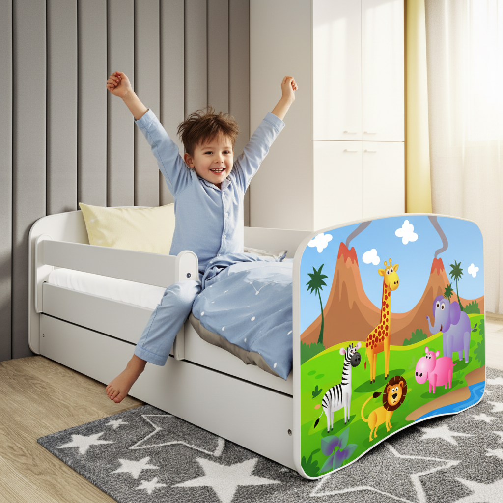Letto per bambini babydreams white safari con cassettone e materasso omaggio 160/80