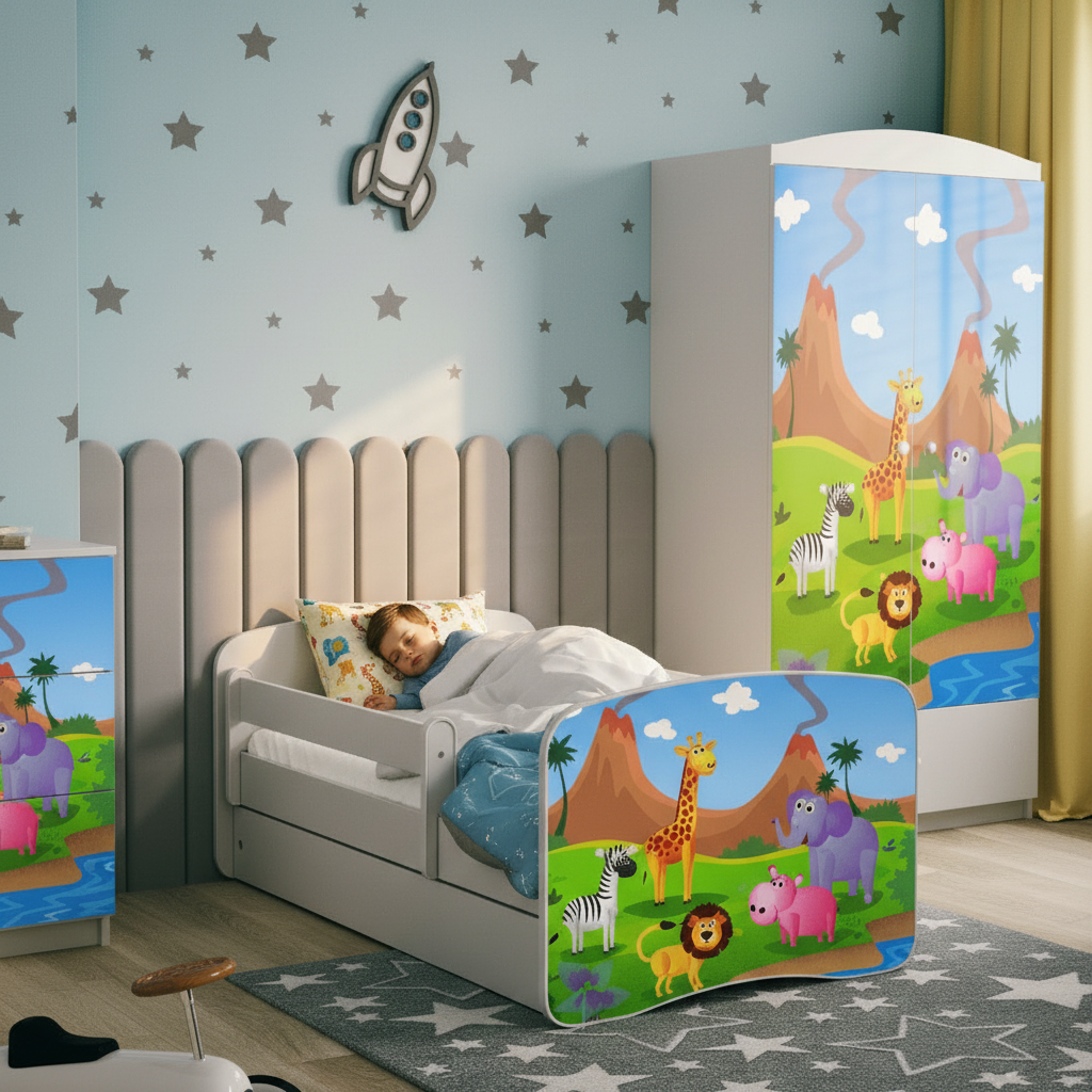 Cameretta Completa Bambini BabyDreams Safari in Legno 7 Pezzi con Materasso Omaggio | Letto 160x80 o 180x80cm | Top2Trade | KO500CAMSAF