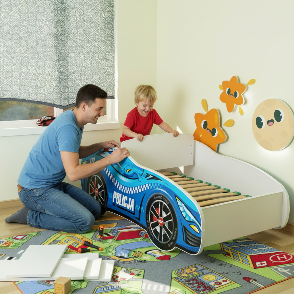 Genitore e bambino montano letto auto polizia