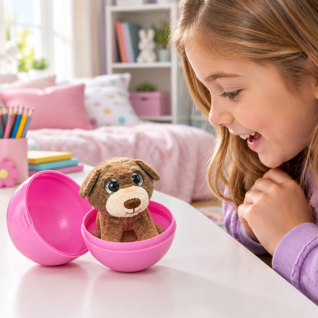 Pallina rosa aperta con il cucciolo marrone peluche durante un momento di gioco