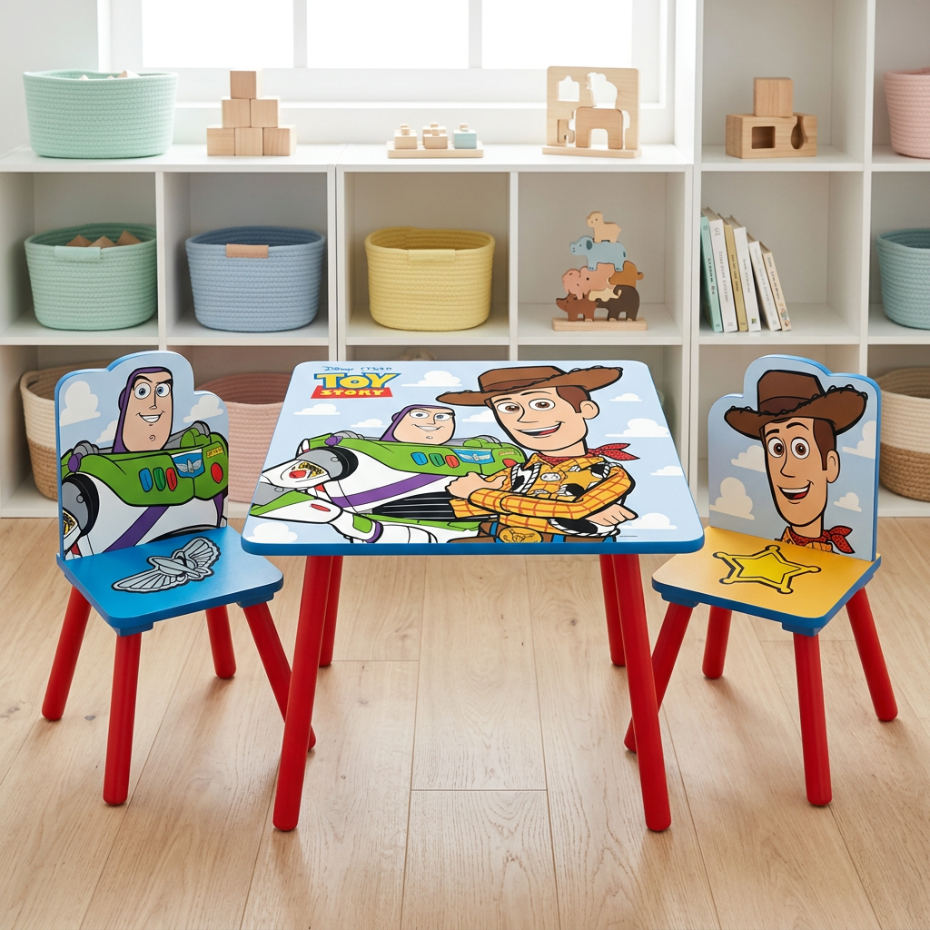 Tavolino e sedie Toy Story in sala giochi scandinava