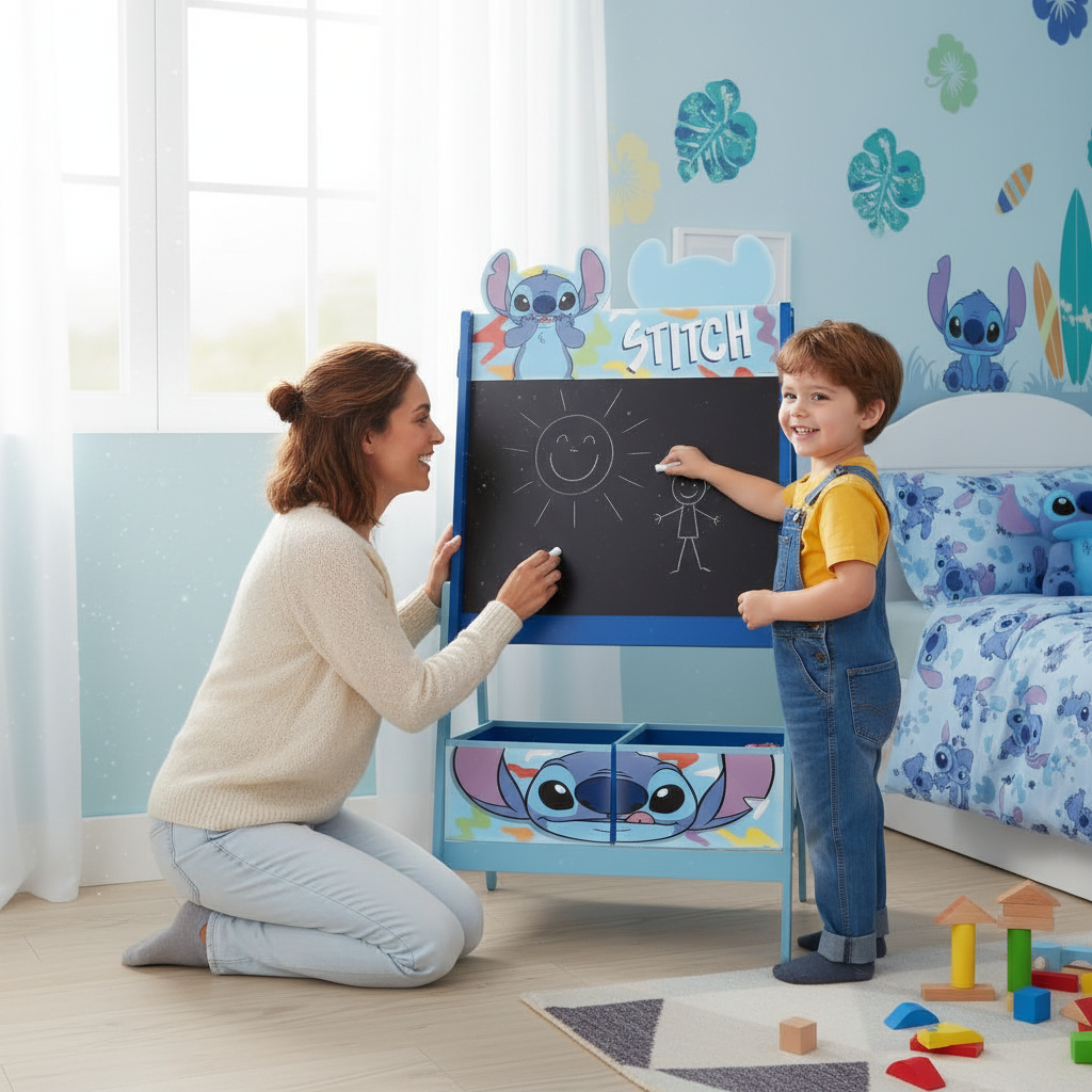 Genitore e bambino disegnano insieme sulla lavagna Stitch