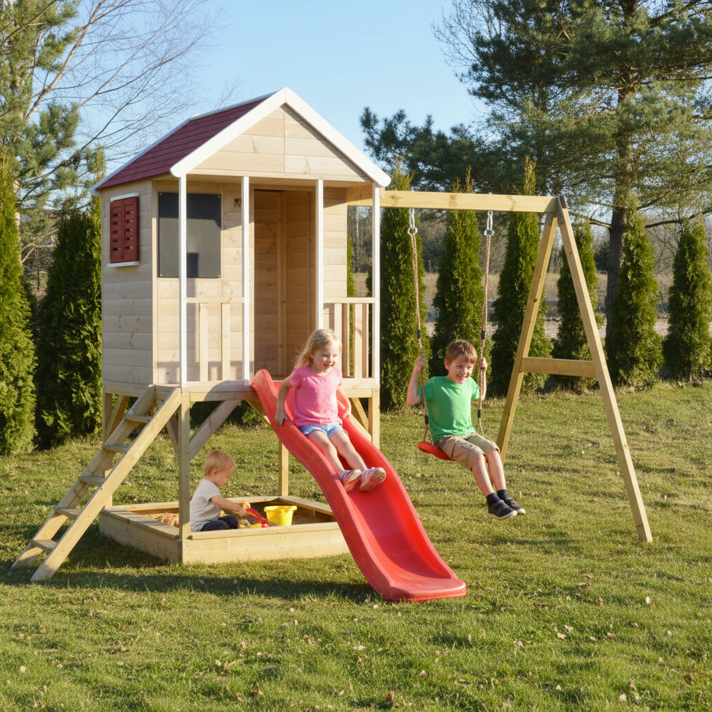 Bambini che giocano sulla casetta M9 con scivolo e altalena