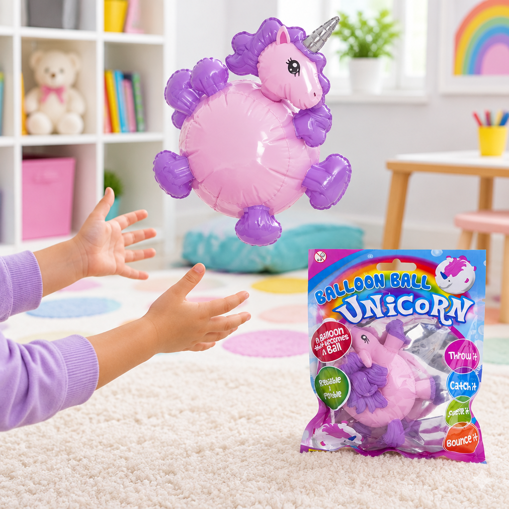 Mani che giocano con il palloncino unicorno viola e rosa in una stanza luminosa