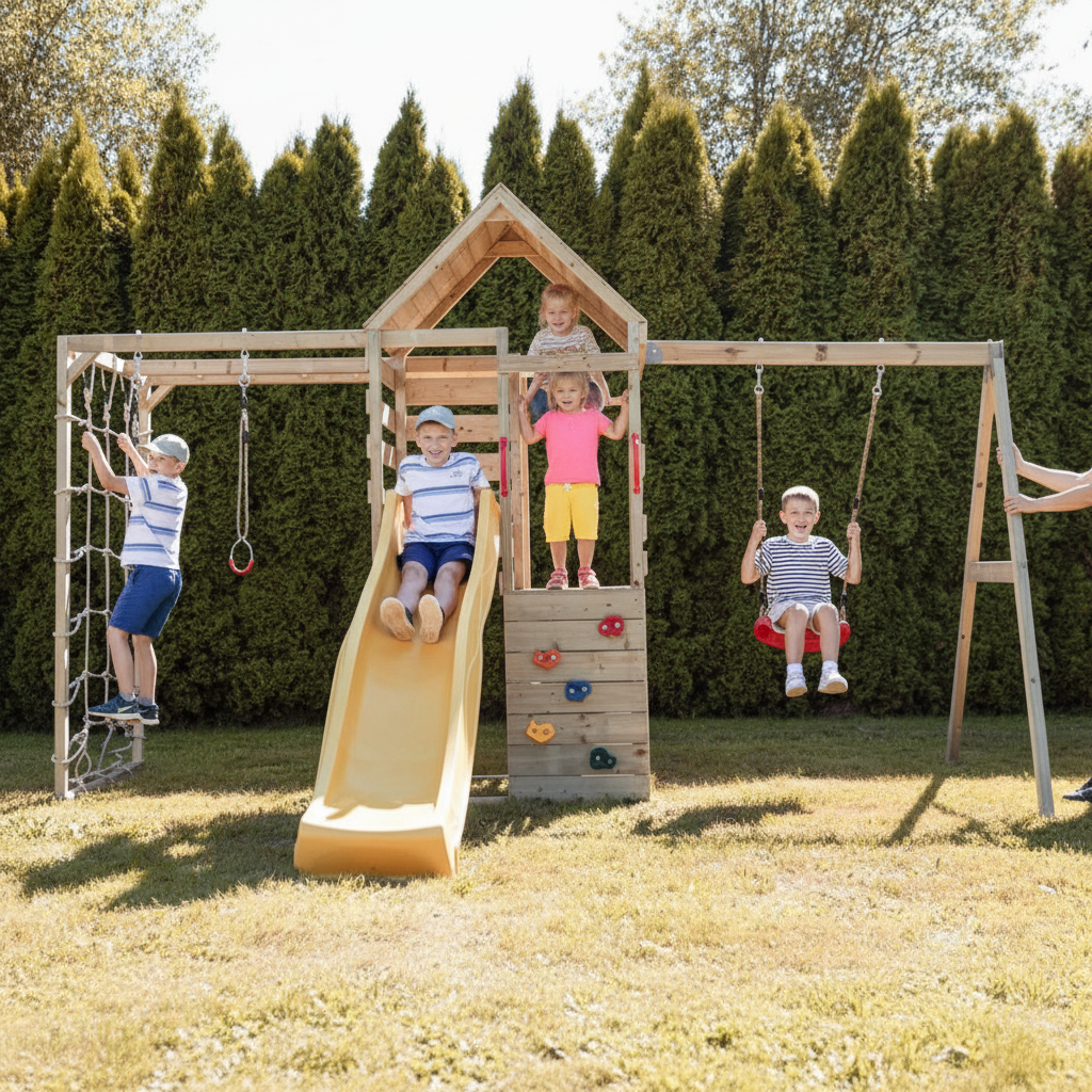 Bambini sulla torre arrampicata con modulo palestra e anelli