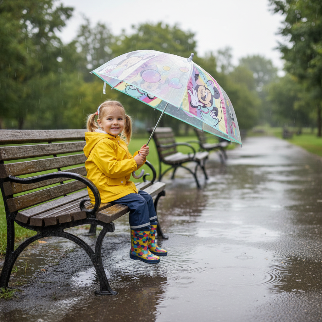 Bambina con ombrello Minnie trasparente seduta su panchina del parco