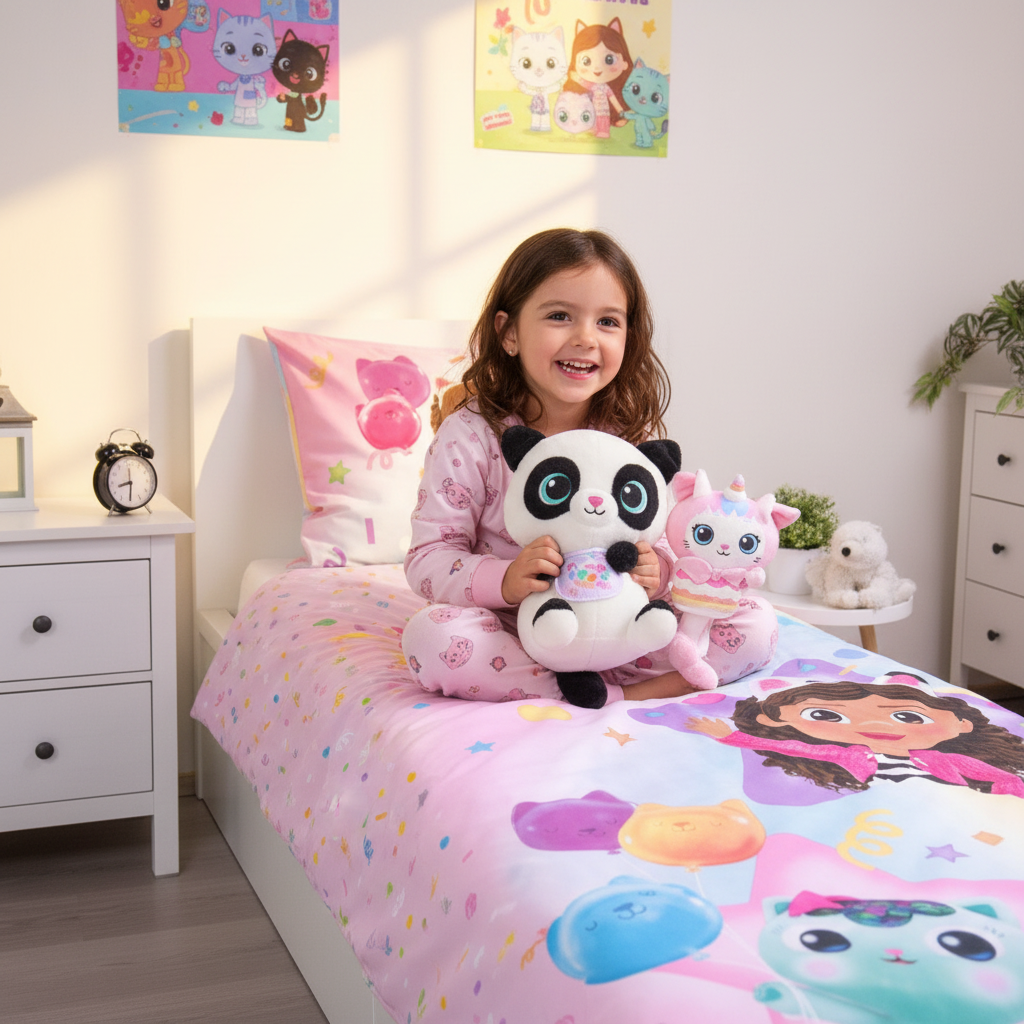 Bambina gioca con peluche gattini sul letto Gabby's Dollhouse rainbow