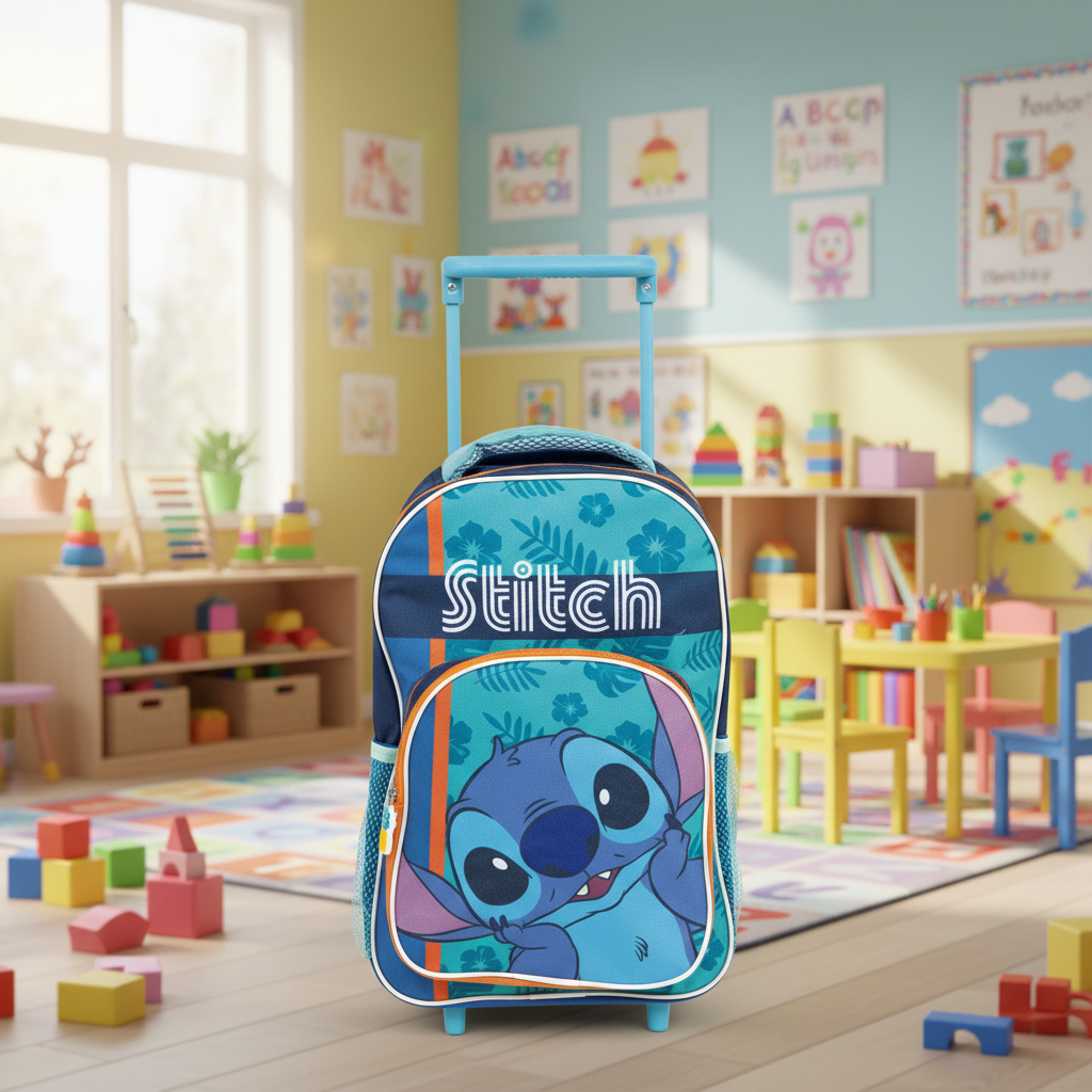 Trolley asilo Stitch in ambiente scuola materna colorato