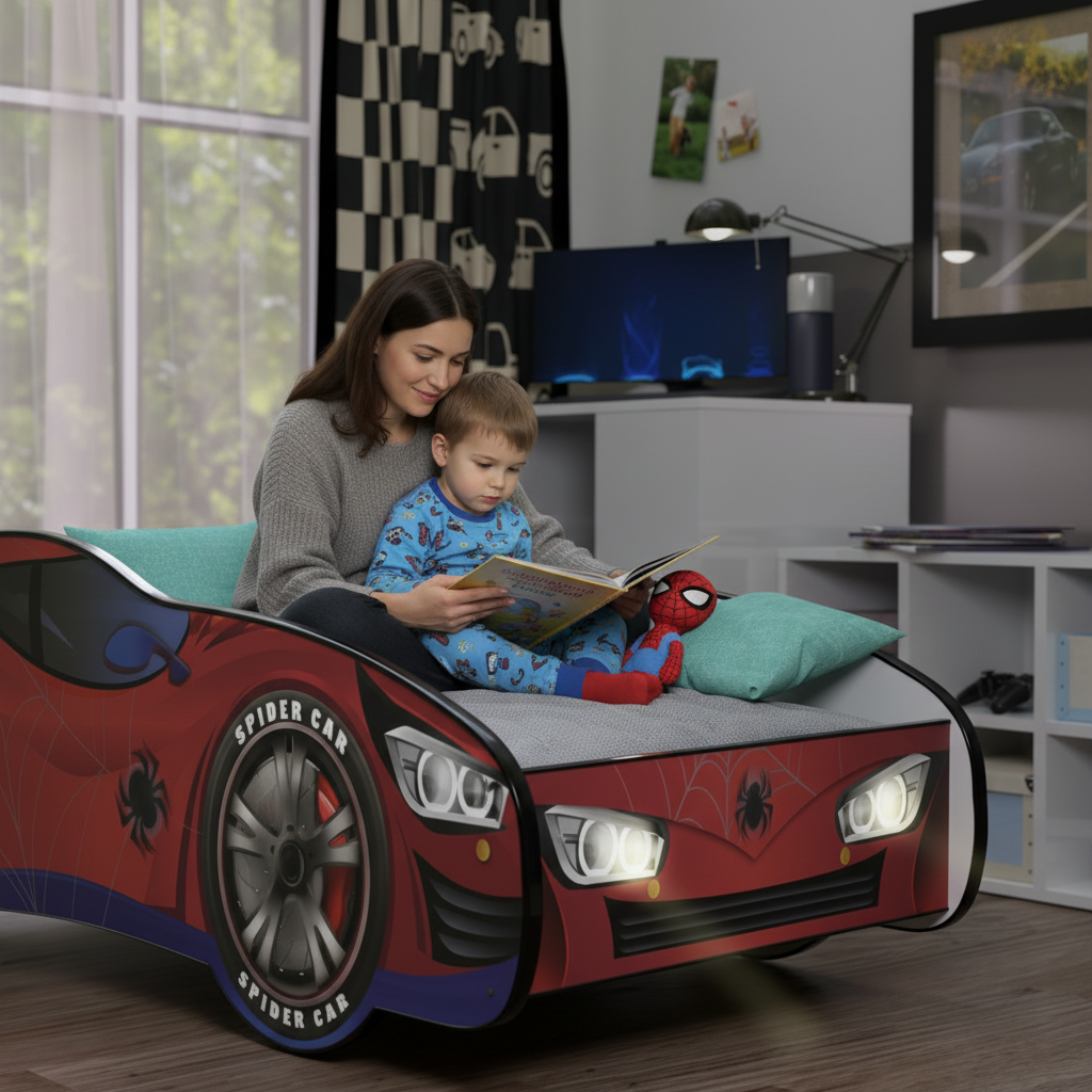 Genitore bambino leggono favola letto Spider-Man momento famiglia FULL HD