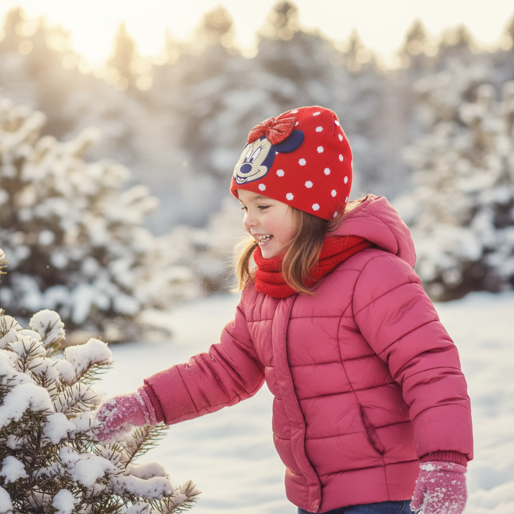 Bambina con cappello Minnie rosso a pois gioca all'aperto in inverno