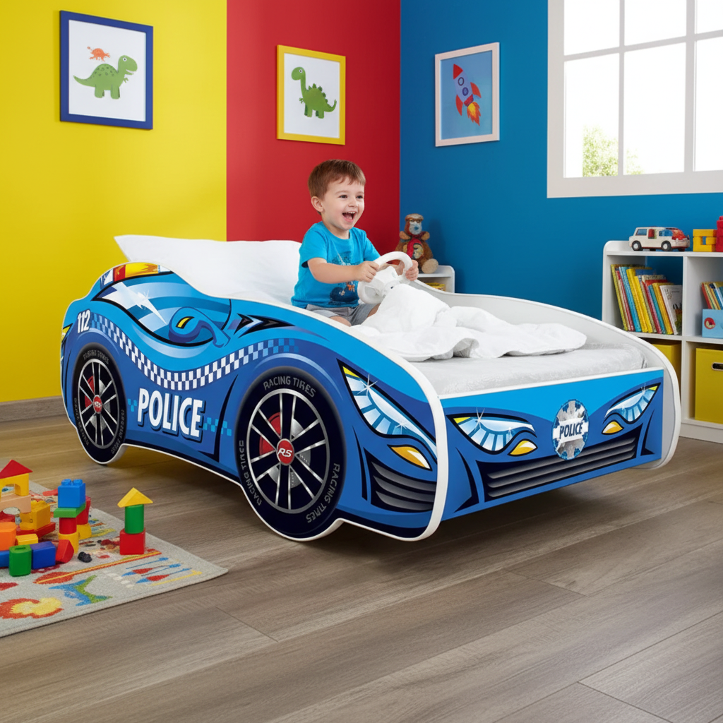 Bambino gioca sul letto auto polizia grafica POLICE