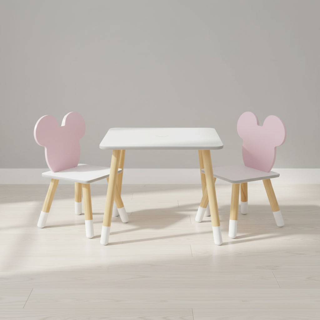Vista laterale set tavolo e sedie Minnie Mouse bianco rosa legno naturale