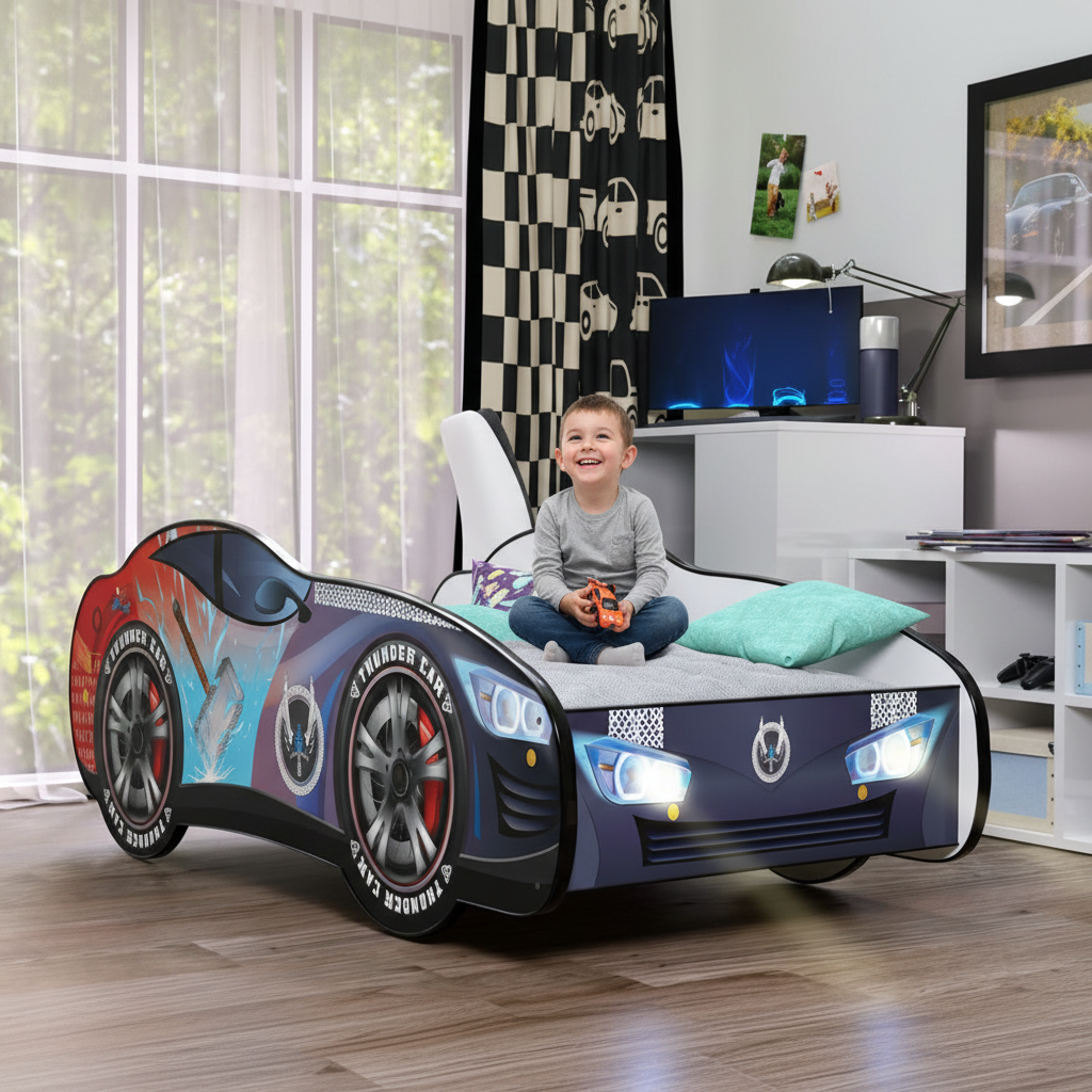 Letto Thunder LED in cameretta moderna bambino felice gioca