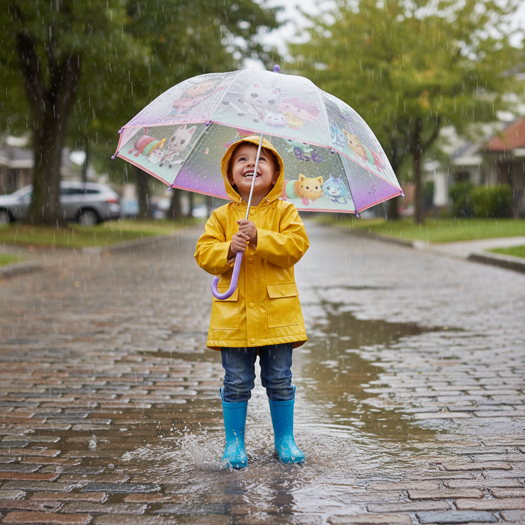 Bambino con ombrello Gabby's Dollhouse sotto la pioggia - lifestyle HD