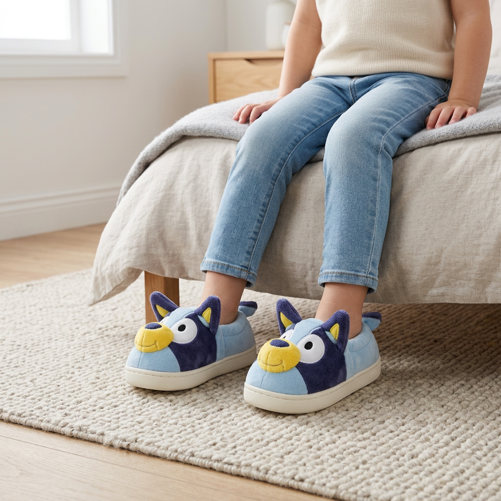 Pantofole Bluey indossate, seduti al bordo del letto