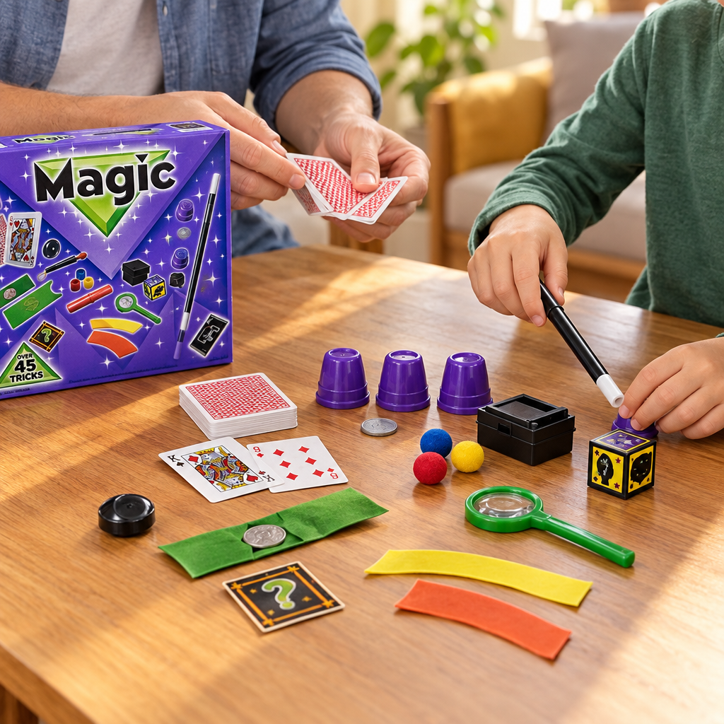 Mani di adulto e bambino che preparano gli accessori visibili del set di magia