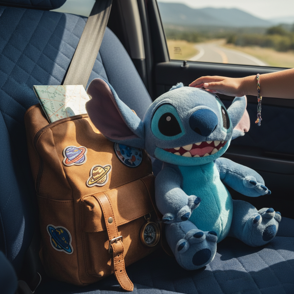 Peluche Stitch pronto per il viaggio su sedile auto