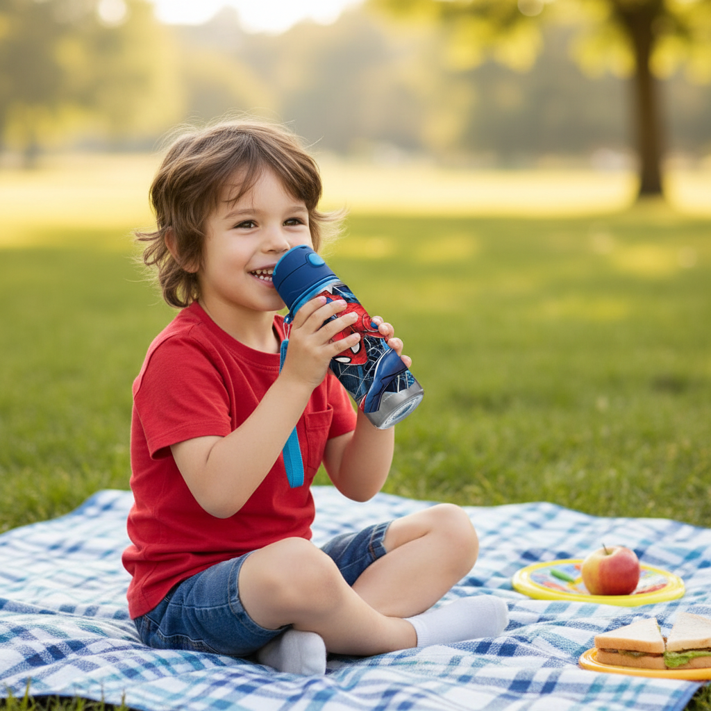 Bambino che usa borraccia Spiderman durante gioco all'aperto