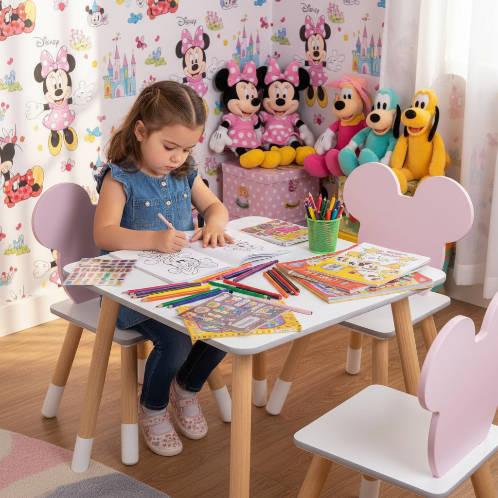 Bambina colora seduta al tavolo Minnie Mouse bianco con sedie rosa orecchie