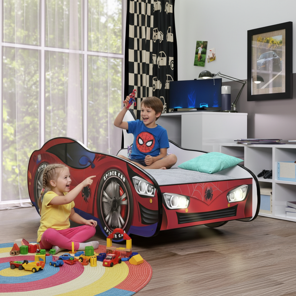 Due bambini giocano letto Spider-Man LED fratelli condividono stanza