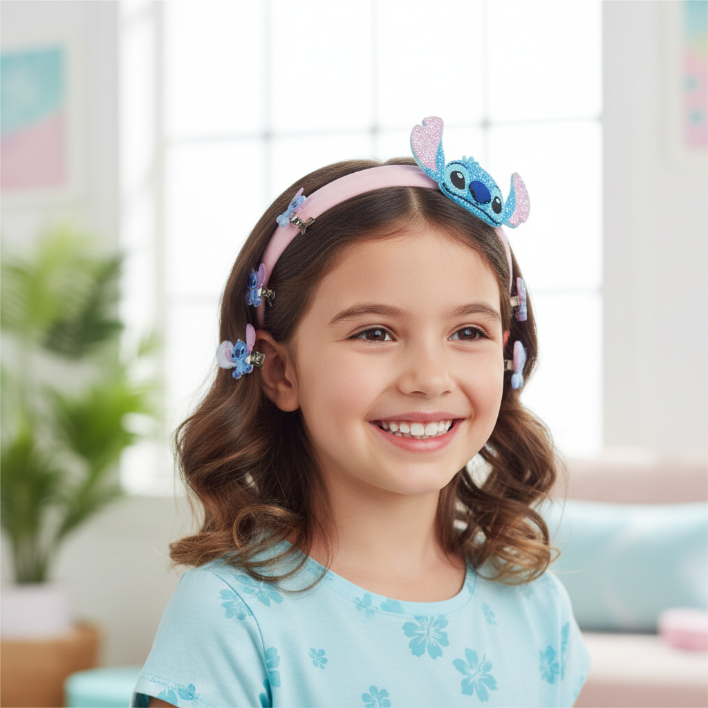 Bambina indossa accessori capelli Stitch felice