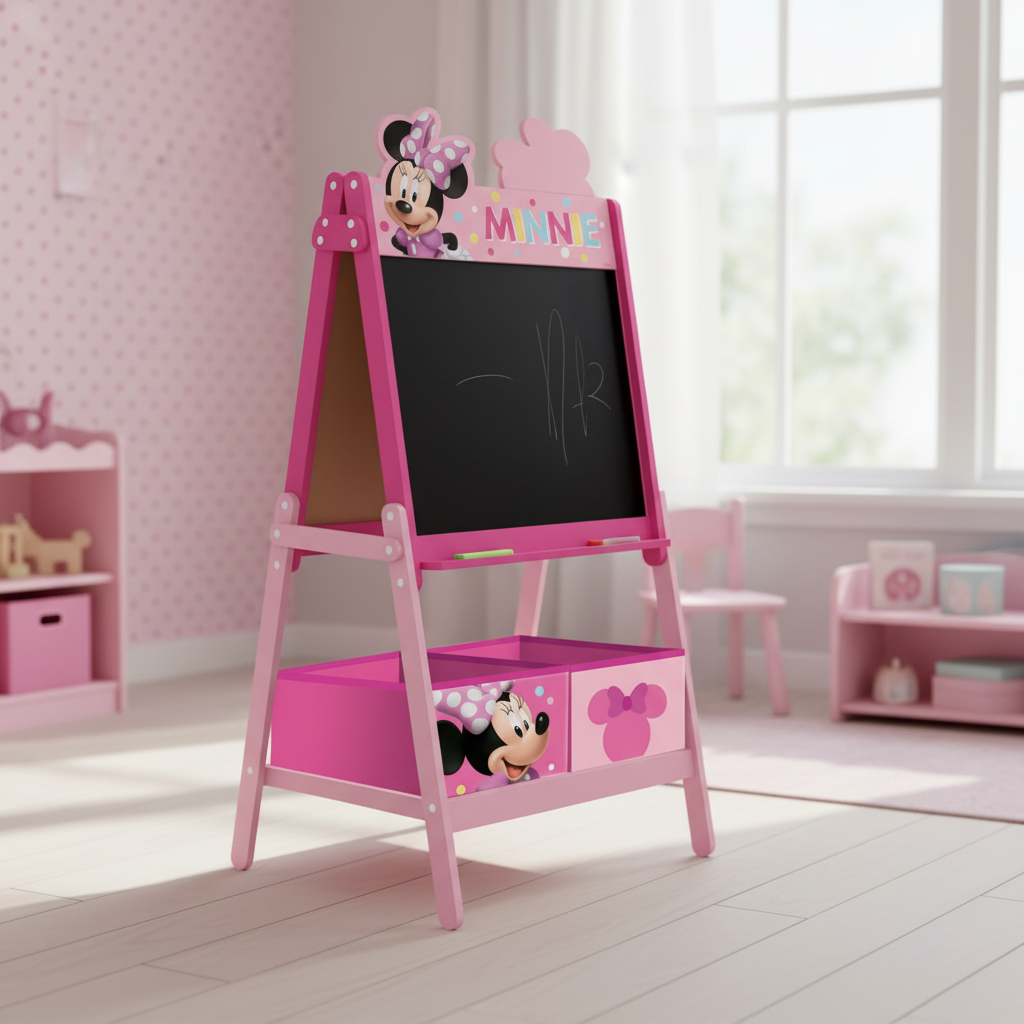 Vista laterale lavagna cavalletto Minnie Mouse struttura robusta rosa