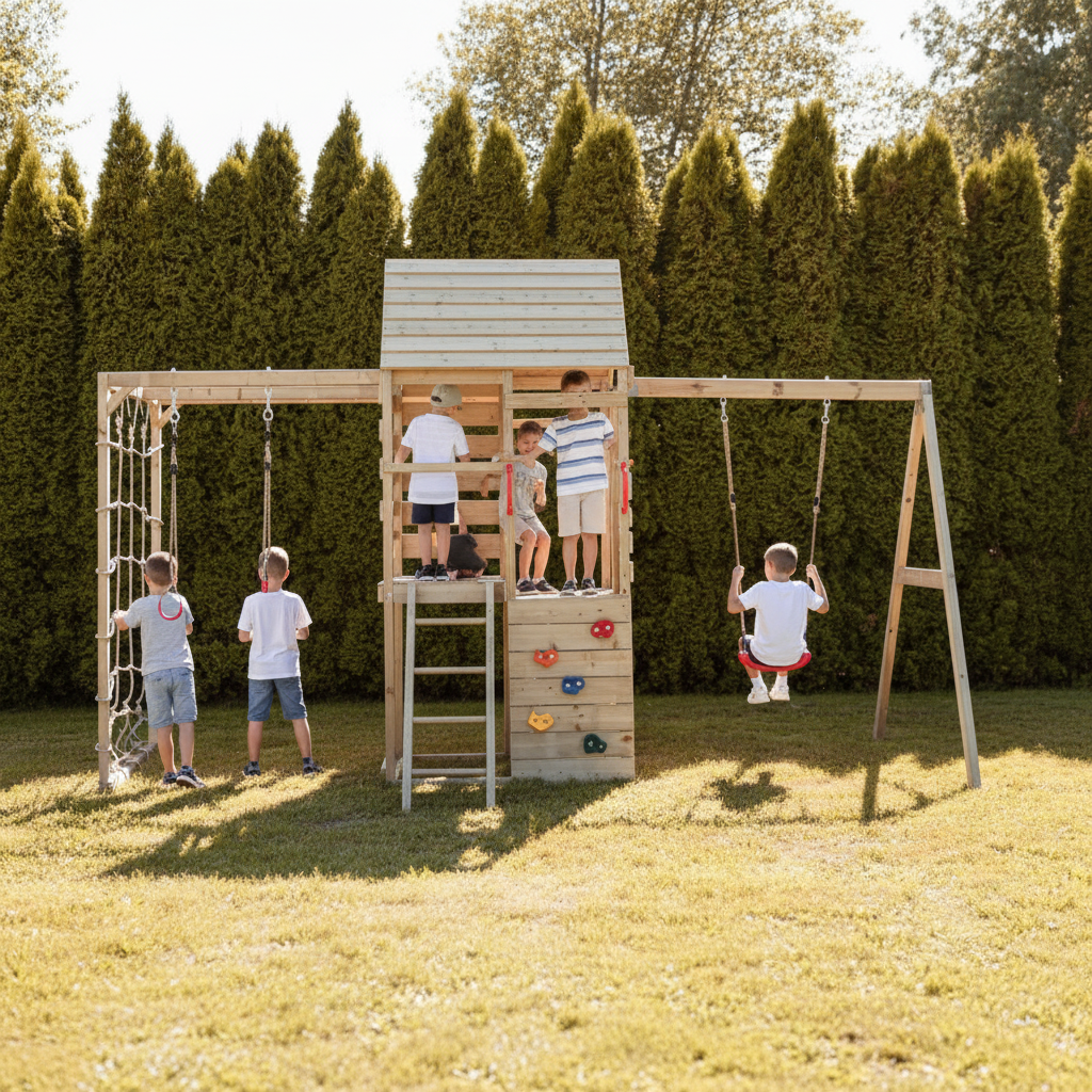 Vista posteriore parco giochi con bambini sul balcone