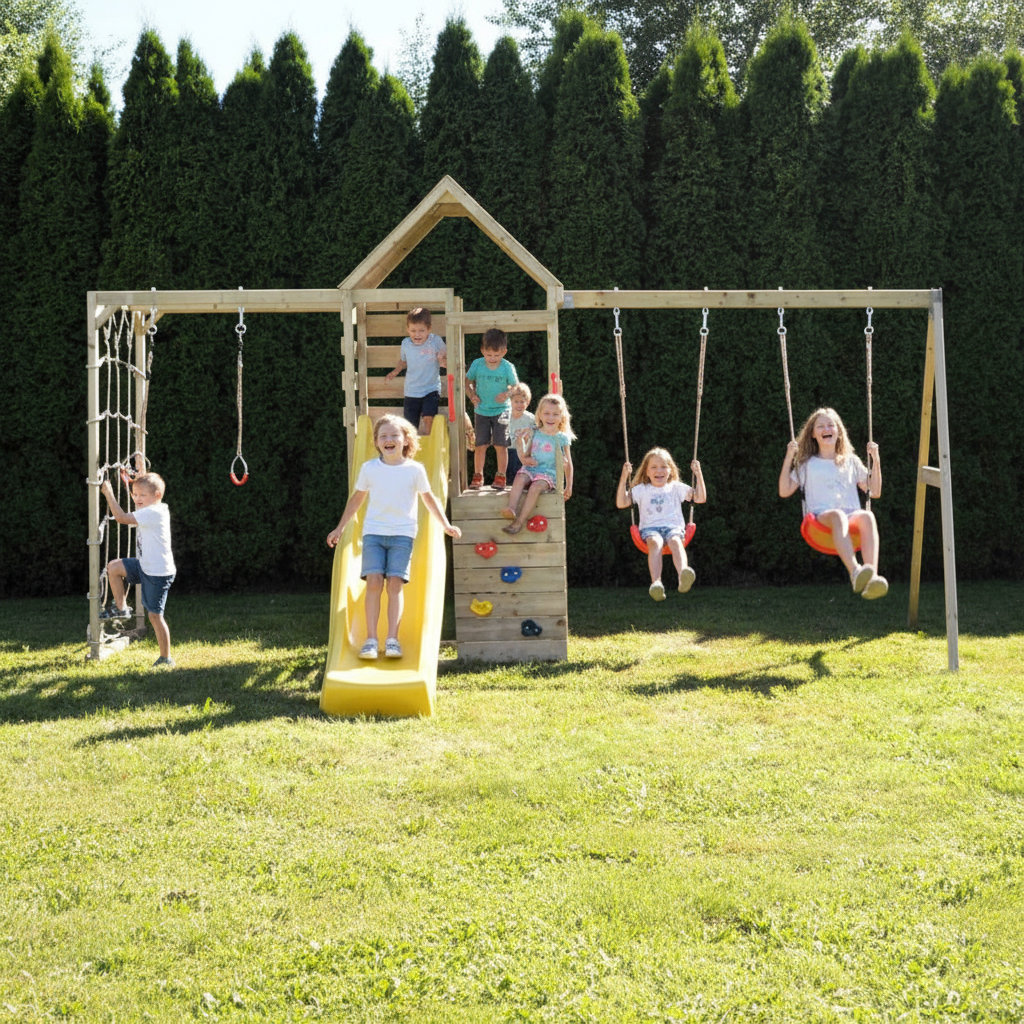 Bambini sulla torre di arrampicata e altalena doppia - parco giochi in legno