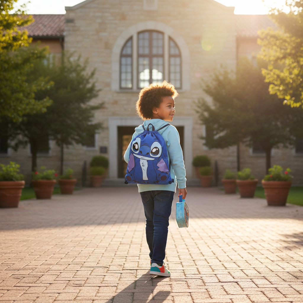 Zaino coulisse Stitch indossato da bambino andando a scuola HD