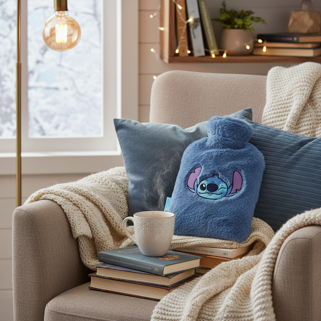 Borsa acqua calda Stitch in angolo lettura con libri e tè HD