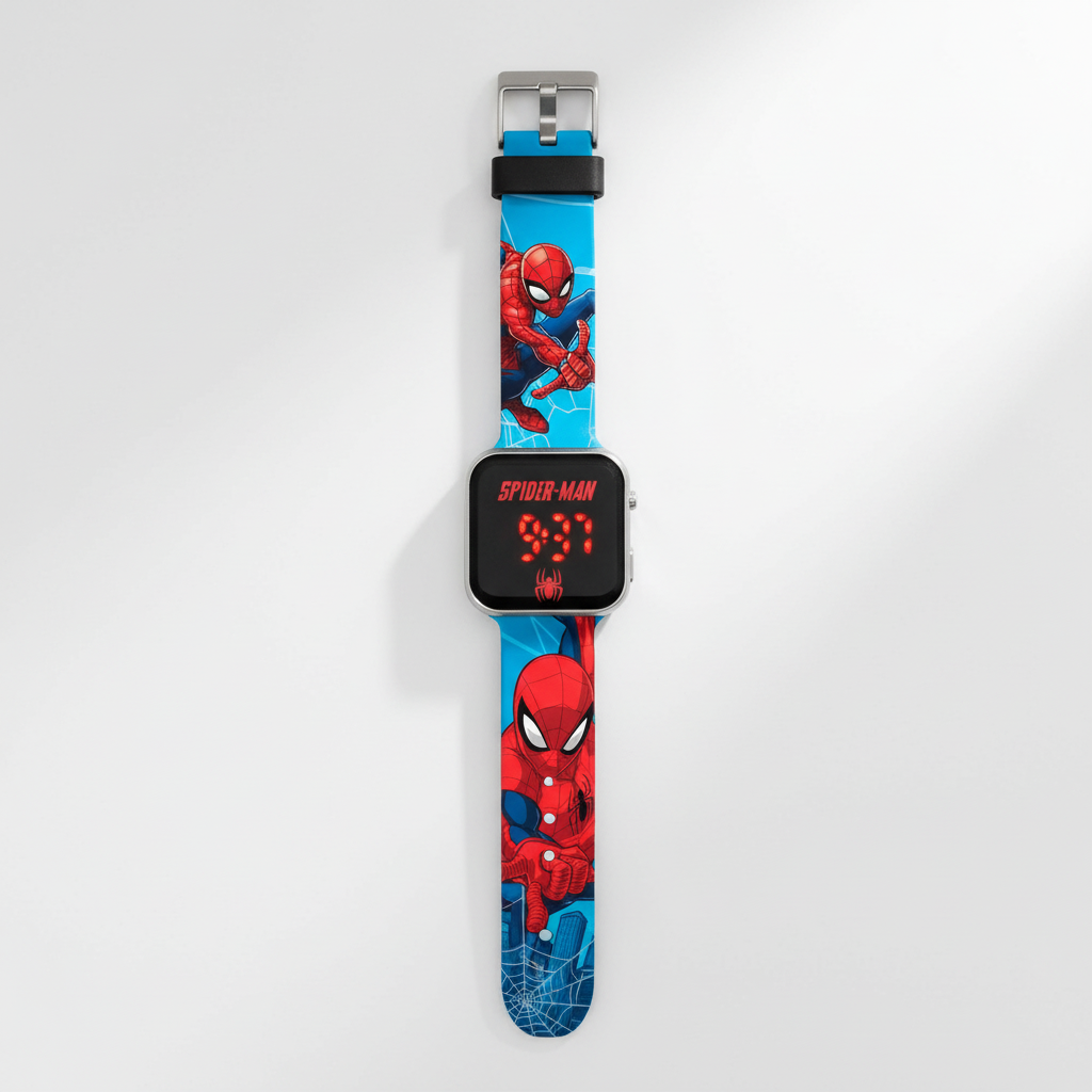 Orologio LED Spiderman su superficie bianca