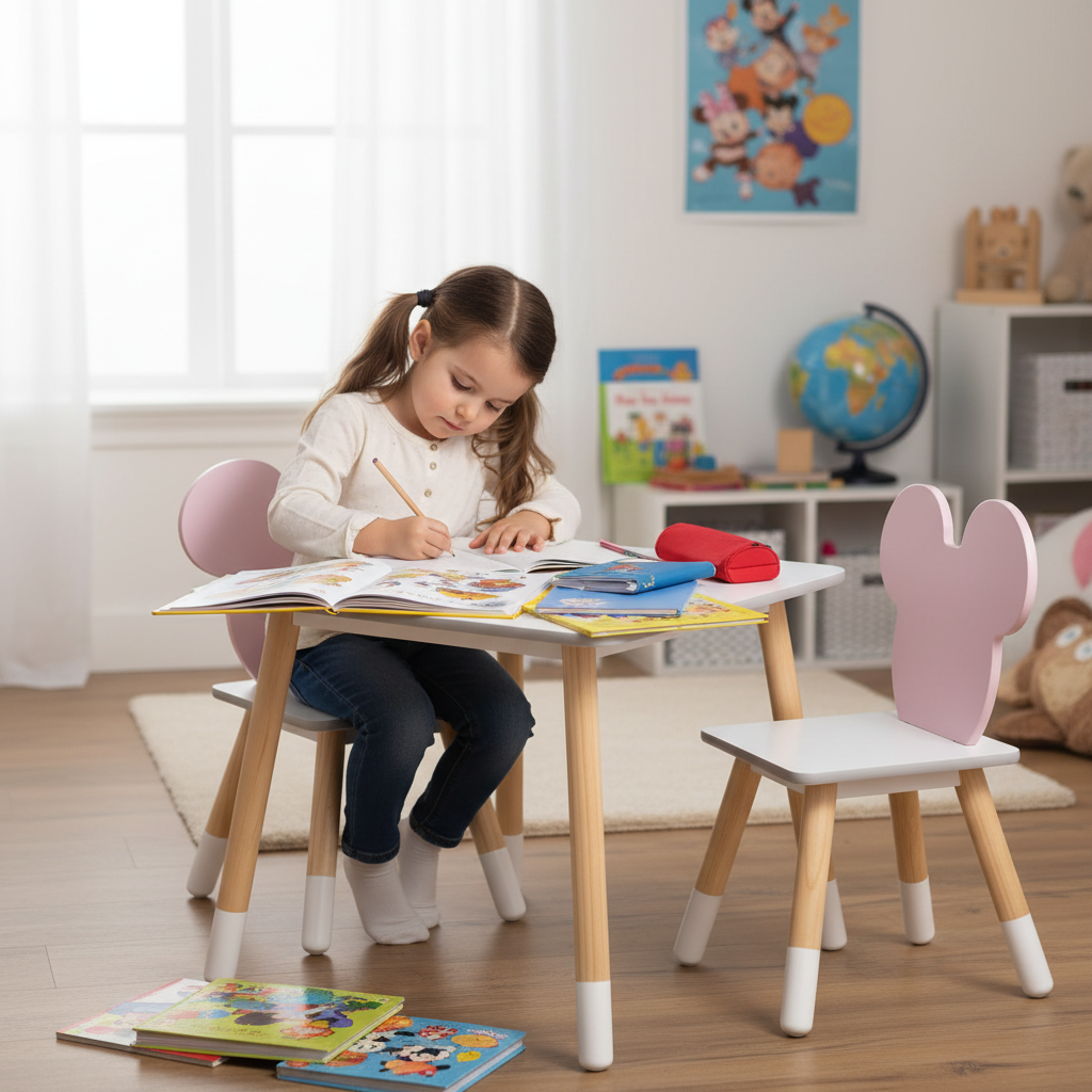 Bambina fa compiti seduta al tavolo Minnie Mouse bianco
