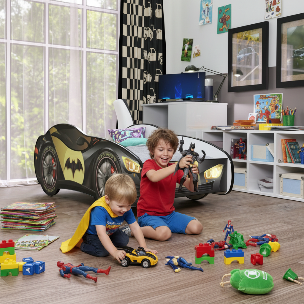 Due fratelli giocano vicino letto macchina Batman