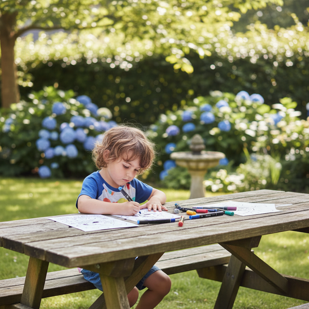 Bambino colora all'aperto in giardino con set Stitch