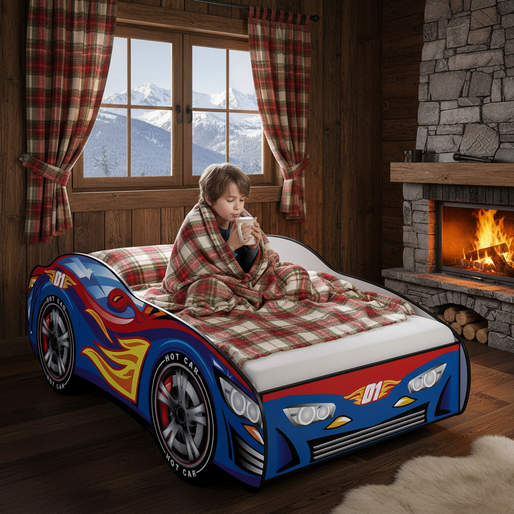 Letto Hotrace 01 baita montagna legno rustico neve camino FOTOREALISTICO