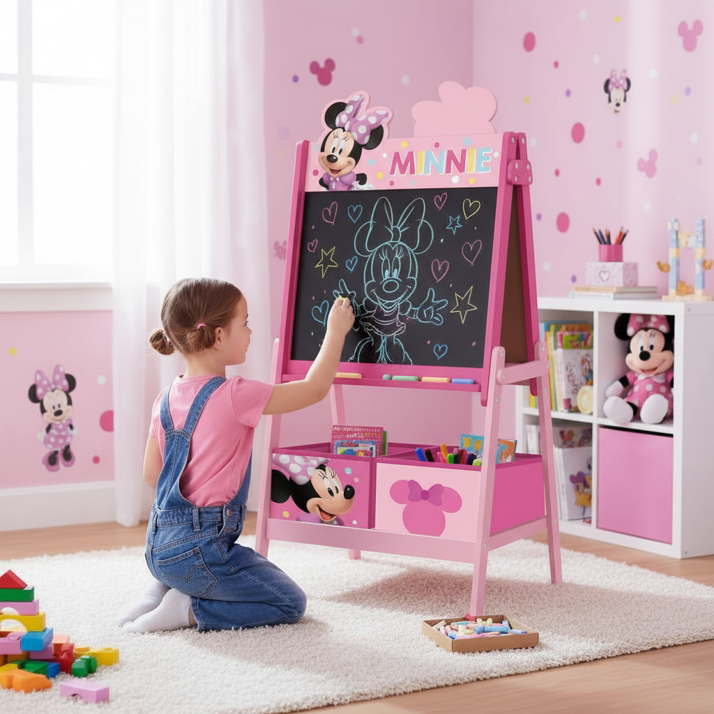 Bambina disegna sulla lavagna nera cavalletto Minnie Mouse con gessetti