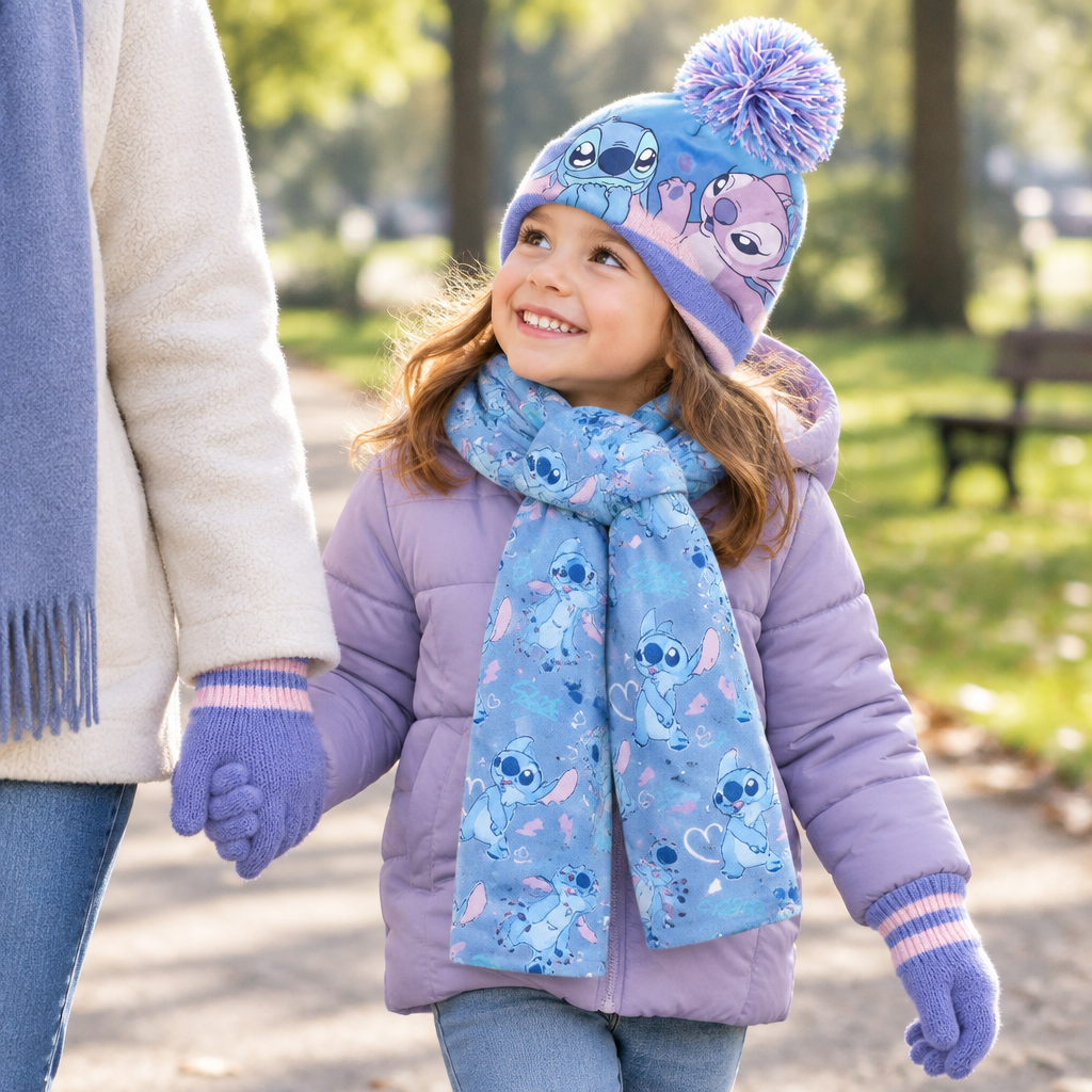 Bambino con cappello Stitch e scaldacollo blu, con i guanti coordinati visibili.